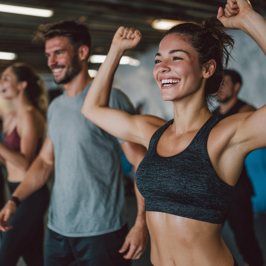 Energetic middle-aged Ukrainian man and woman exercising together outdoors with resistance bands, both smiling confidently while performing strength training movements in a park setting